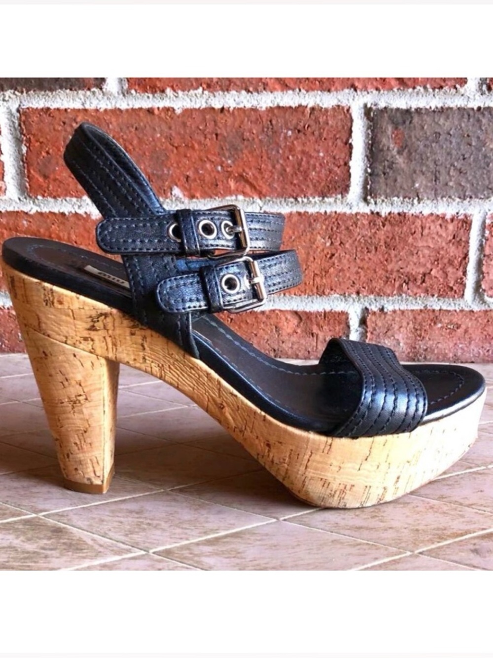 MIU MIU Italy Black Nappa Leather Double Strap Slingback Platform Sandals 7